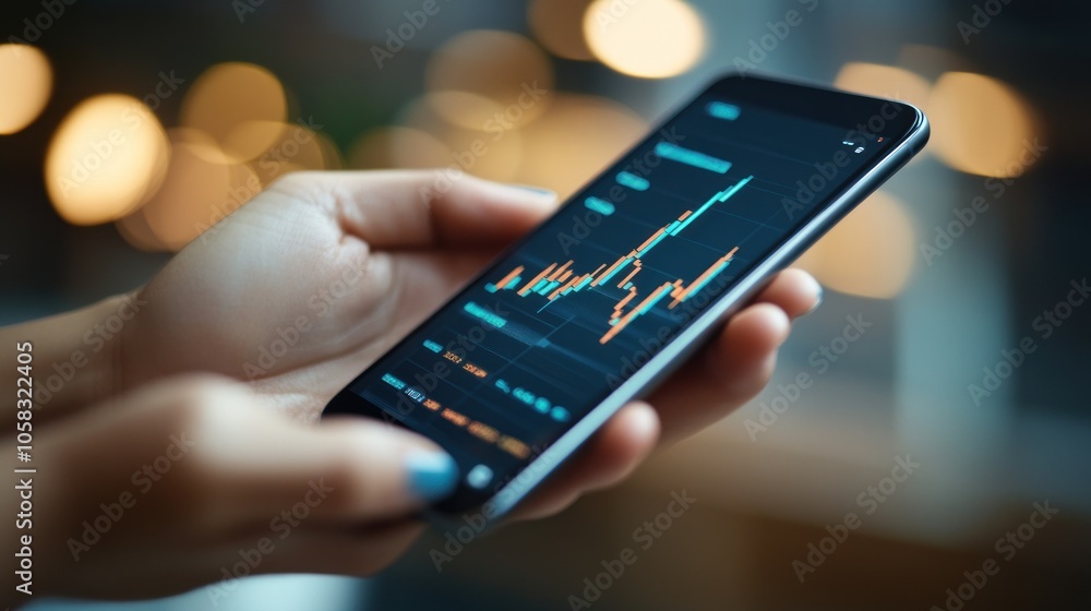 A person holding a smartphone displaying a financial graph with orange and blue lines. A person holding a smartphone displaying a financial graph with orange and blue lines.
