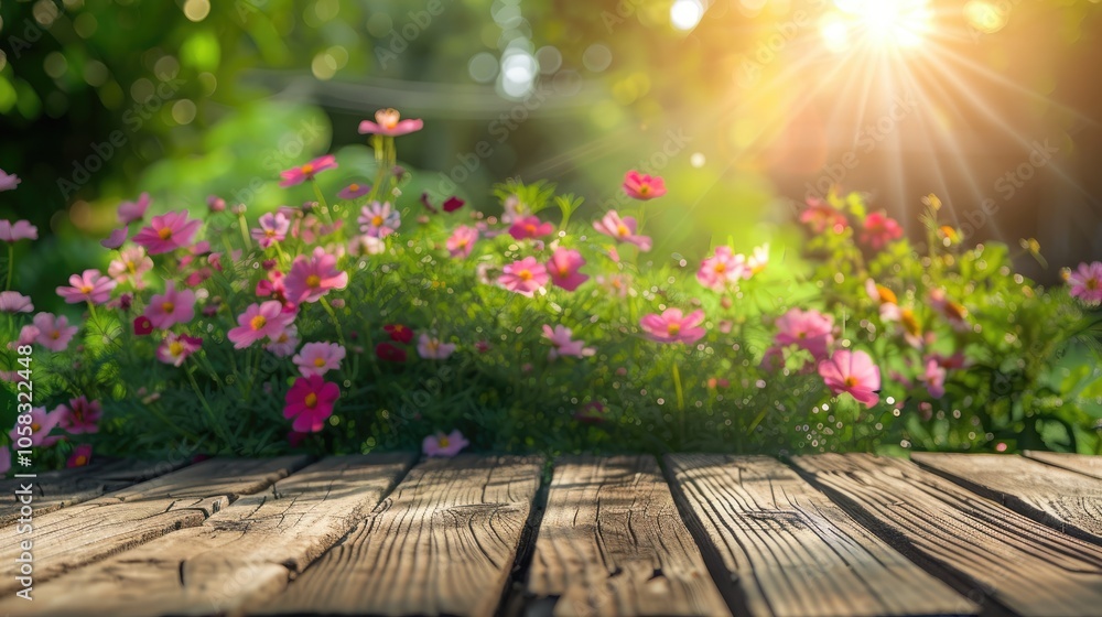 Wooden table with garden flowers in morning light for product display or visual design Wooden table with garden flowers in morning light for product display or visual design