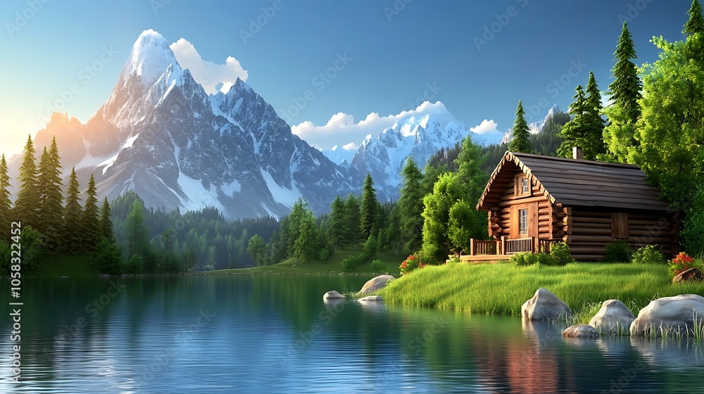 Obraz premium Serene Mountain Cabin by the Tranquil Lake