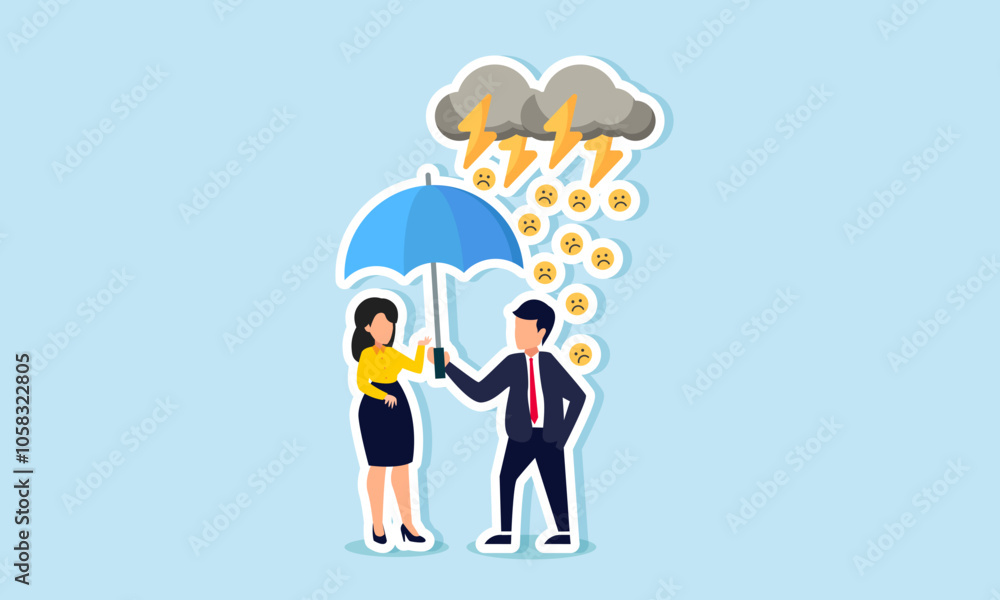 A businessman offers an umbrella to a businesswoman to shield her from a storm of sad emoticons, illustrating protecting a business partner from negative market attention A businessman offers an umbrella to a businesswoman to shield her from a storm of sad emoticons, illustrating protecting a business partner from negative market attention