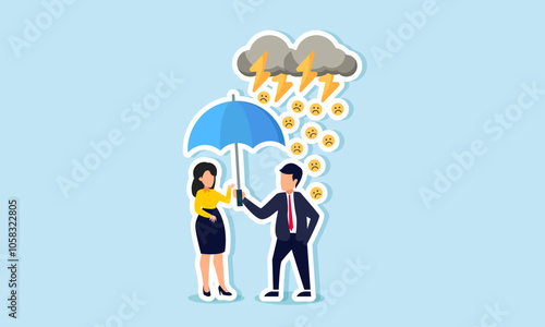 A businessman offers an umbrella to a businesswoman to shield her from a storm of sad emoticons, illustrating protecting a business partner from negative market attention