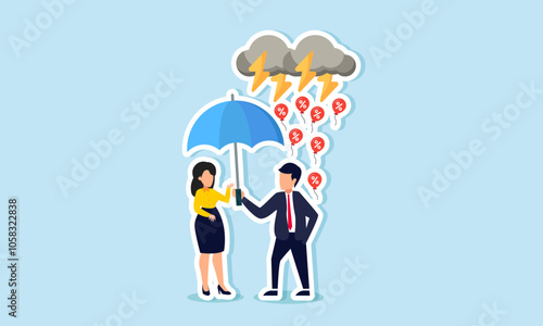 A businessman offers an umbrella to a businesswoman, shielding her from a storm of discount balloons, illustrating protecting a business partner from competitors' discount wars