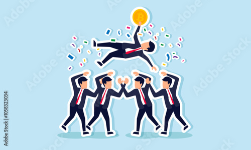Several businesspeople celebrate a businessman holding bitcoin, illustrating the celebration of achievement and success in bitcoin investment
