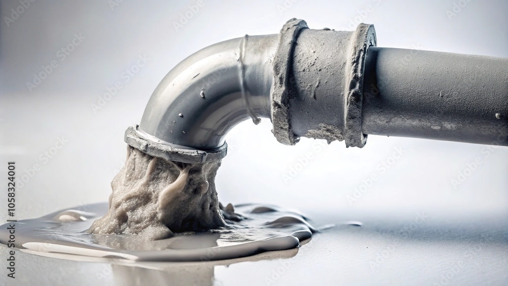 Close-up of gray gooey substance oozing from a broken pipe on an empty white surface, decay, malfunction, equipment failure Close-up of gray gooey substance oozing from a broken pipe on an empty white surface, decay, malfunction, equipment failure