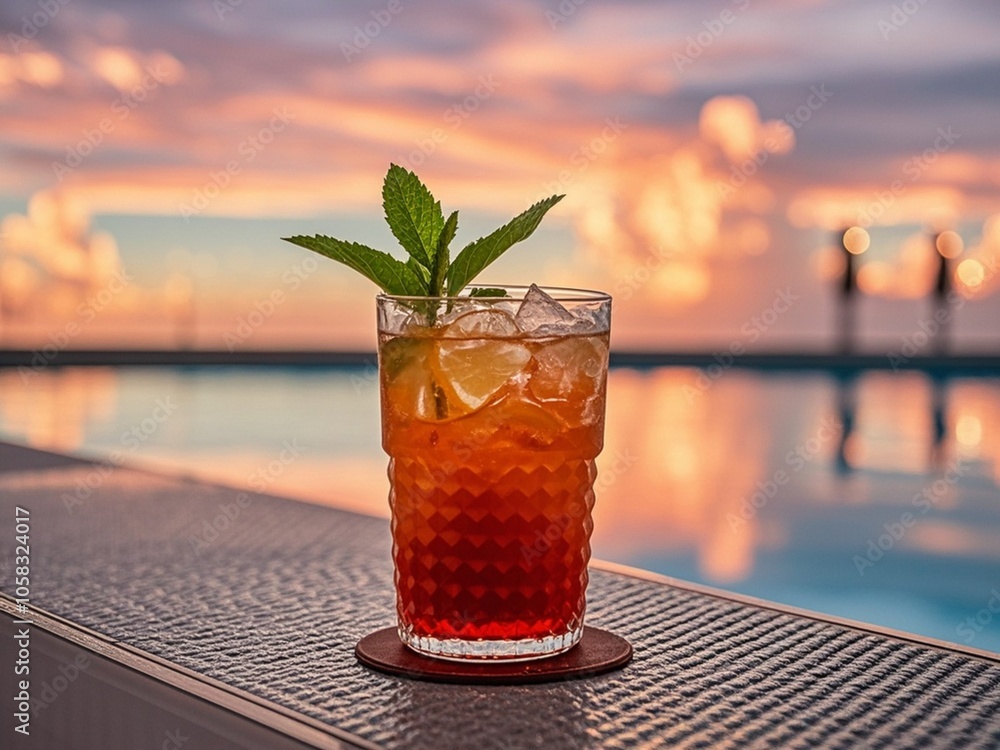 cocktail on the table near swimming pool and sunset cloud.