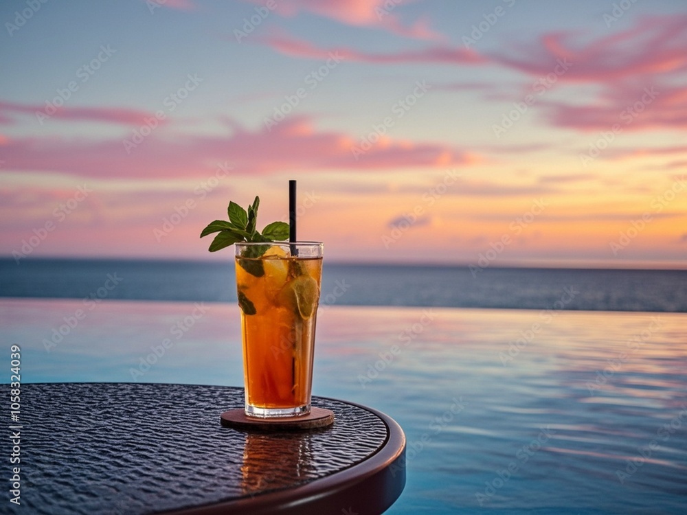 cocktail on the table near swimming pool and sunset cloud.