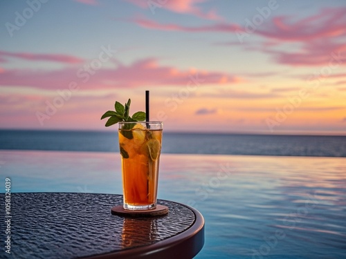 cocktail on the table near swimming pool and sunset cloud. photo