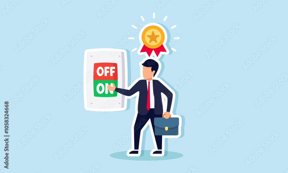 A businessman pressing the ON button to make a shining award medal, illustrating success in applying effective business management to earn the best business title in its field A businessman pressing the ON button to make a shining award medal, illustrating success in applying effective business management to earn the best business title in its field