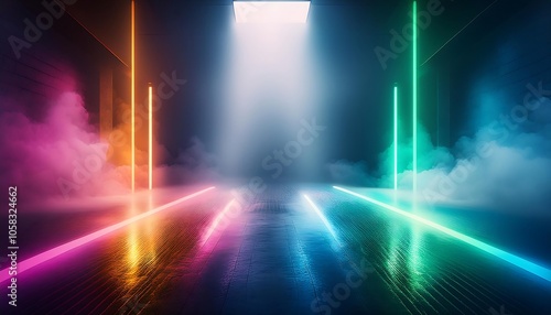 Vibrant neon reflections in a misty, dimly lit space illuminated by colorful beams of light. Generative AI