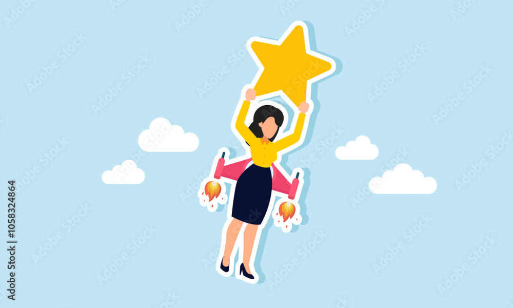 A businesswoman carrying a star using a rocket to fly into the sky, illustrating the boost in ratings to maintain and improve quality A businesswoman carrying a star using a rocket to fly into the sky, illustrating the boost in ratings to maintain and improve quality