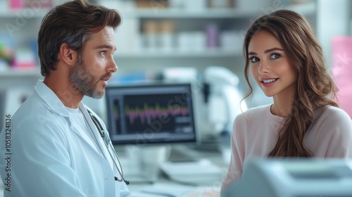 A doctor and patient engage in a conversation in a clinic setting.