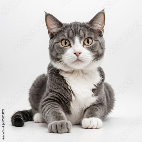 Portrait of a beautiful gray domestic cat with white