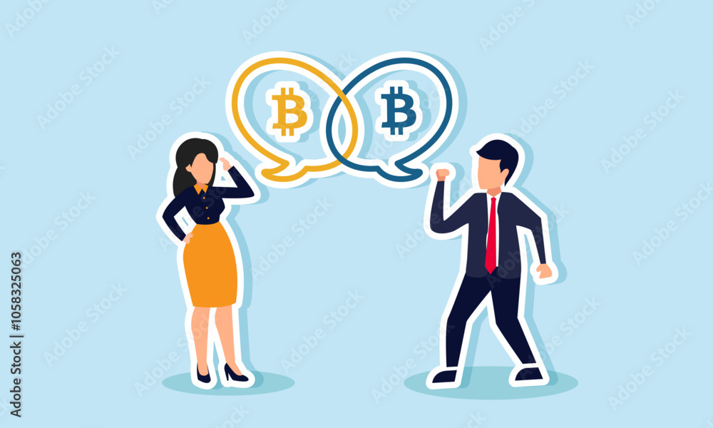 A businessman and businesswoman talking while showing a chat dialog containing bitcoin, illustrating a discussion about bitcoin strategies and analysis A businessman and businesswoman talking while showing a chat dialog containing bitcoin, illustrating a discussion about bitcoin strategies and analysis