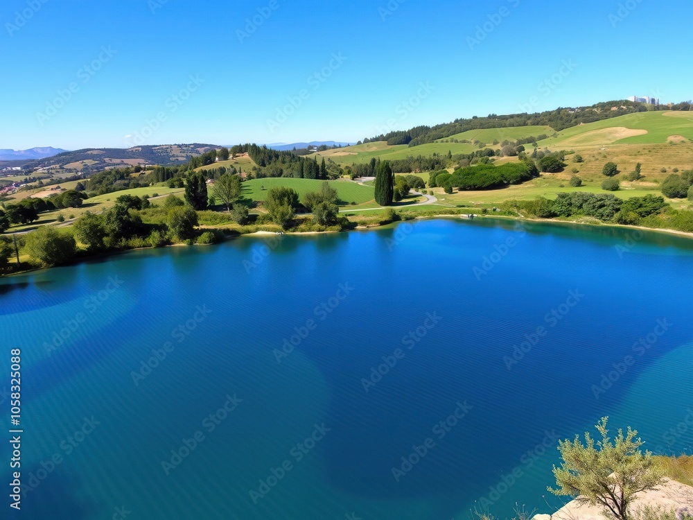 Fototapeta premium Clear blue lake nestled in the tranquil countryside of Rome under the bright midday sun, surrounded by lush greenery and distant rolling hills, countryside, scenic