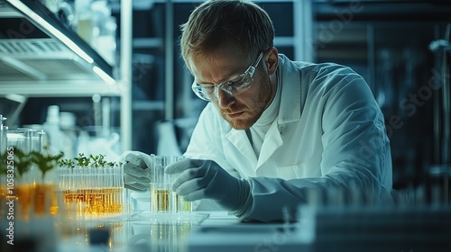 Bioengineer designing bio-compatible materials for implants, testing them in a controlled lab environment. photo