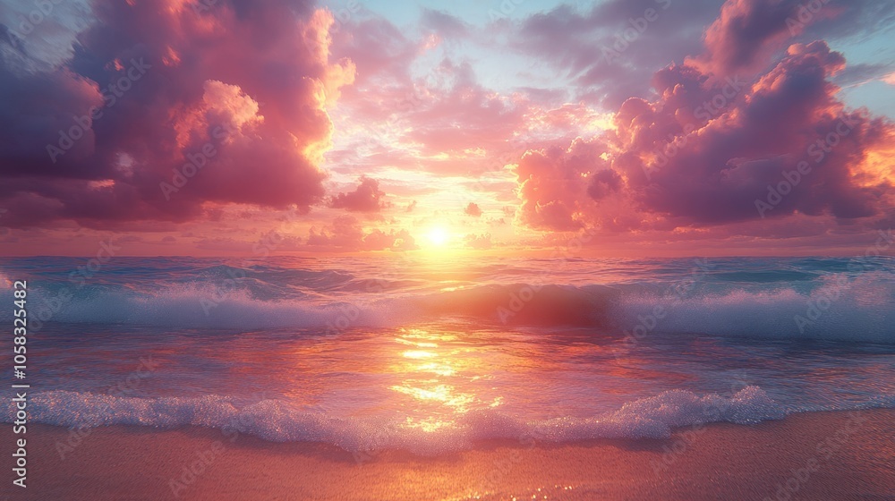 Fototapeta premium Serene sunset over ocean waves with colorful clouds.