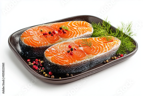 Fresh trout salmon steak with spices on a plate isolated on a white background. photo