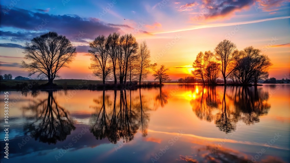 Obraz premium Atmospheric sunset landscape with silhouetted trees and a serene lake, forest, golden hour, water, outdoor