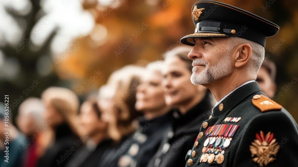 Veteran in ceremonial uniform, proudly standing with community members on Veterans Day Veteran in ceremonial uniform, proudly standing with community members on Veterans Day