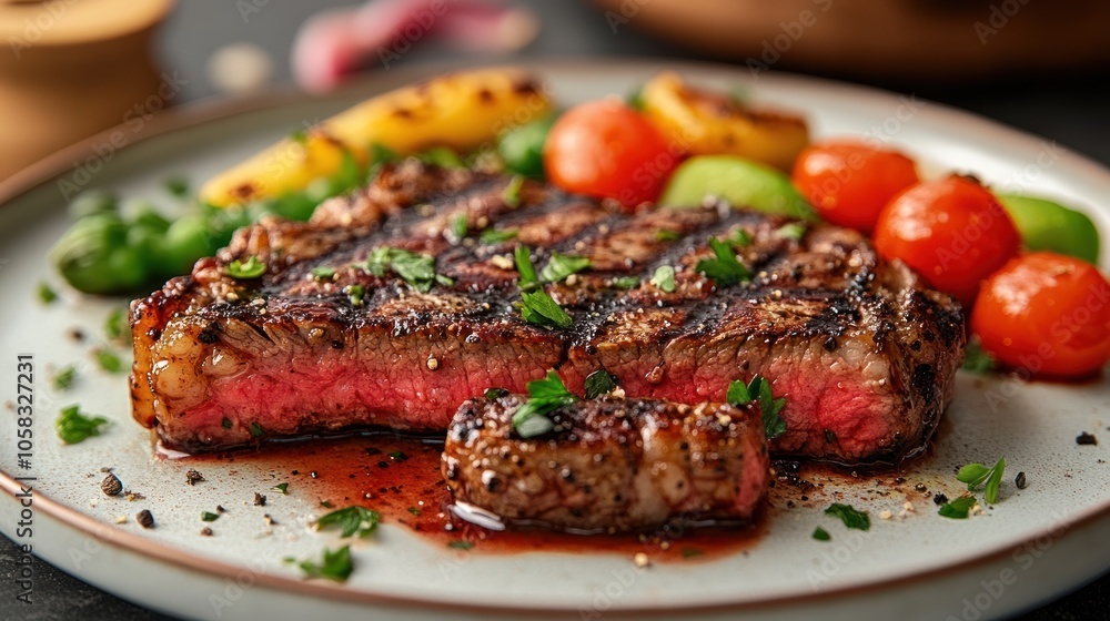A beautifully plated steak with grilled vegetables and herbs. A beautifully plated steak with grilled vegetables and herbs.