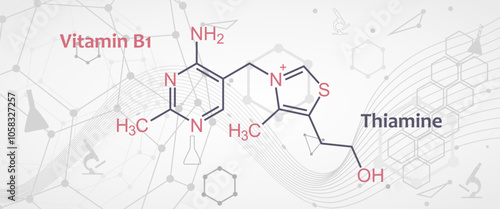 Structure chemical formula of thiamine also known as thiamin and vitamin B1, is a vitamin, an essential micronutrient for humans and animals. Illustration concept for basic chemistry education.