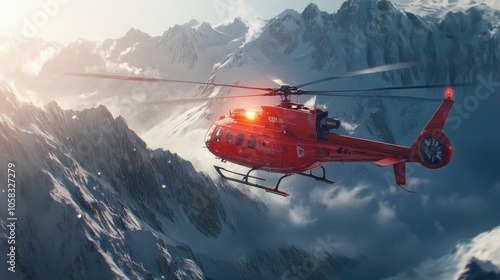 A rescue helicopter approaching a mountain peak during a snowstorm, photo