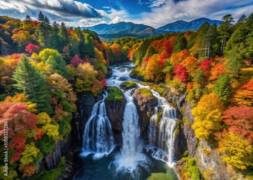 Stunning Aerial View of Yudaki Falls in Nikko, Japan - Majestic Natural Landmark Surrounded by Lush Greenery and Serene Waters, Ideal for Nature Lovers and Travel Enthusiasts photo