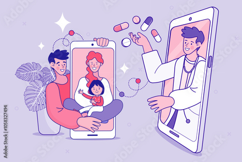 A family with a baby receives medical advice and a prescription from a doctor during a video call. This convenient telemedicine service shows an online pharmacy and virtual pediatric support.