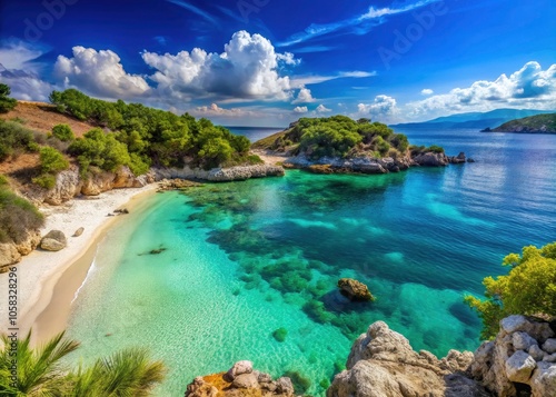 Stunning View of Pulebardha Beach, Albania - Crystal Clear Waters, Scenic Coastline, and Serene Landscape Photography