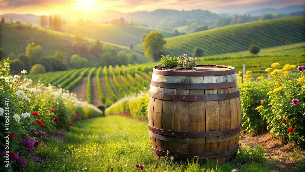 A weathered wine barrel with a rustic wooden lid, nestled among lush green vines and wildflowers in a rolling vineyard landscape, flowers, old wood, wine production, countryside, fermentation A weathered wine barrel with a rustic wooden lid, nestled among lush green vines and wildflowers in a rolling vineyard landscape, flowers, old wood, wine production, countryside, fermentation