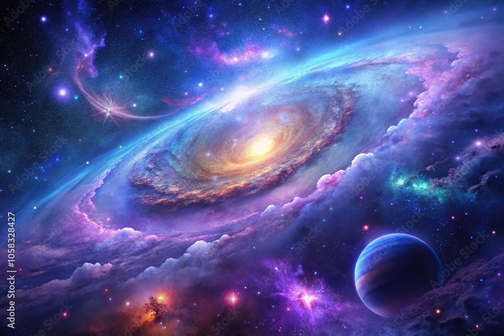 Obraz premium Deep space landscape featuring a large galaxy with intricate details and vibrant purple and blue nebulas, universe, gas clouds, galaxy, astronomy