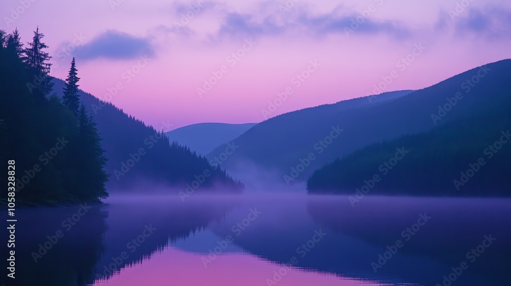 Fototapeta premium Serene landscape at dawn, showcasing misty waters and soft pastel colors in a tranquil setting.