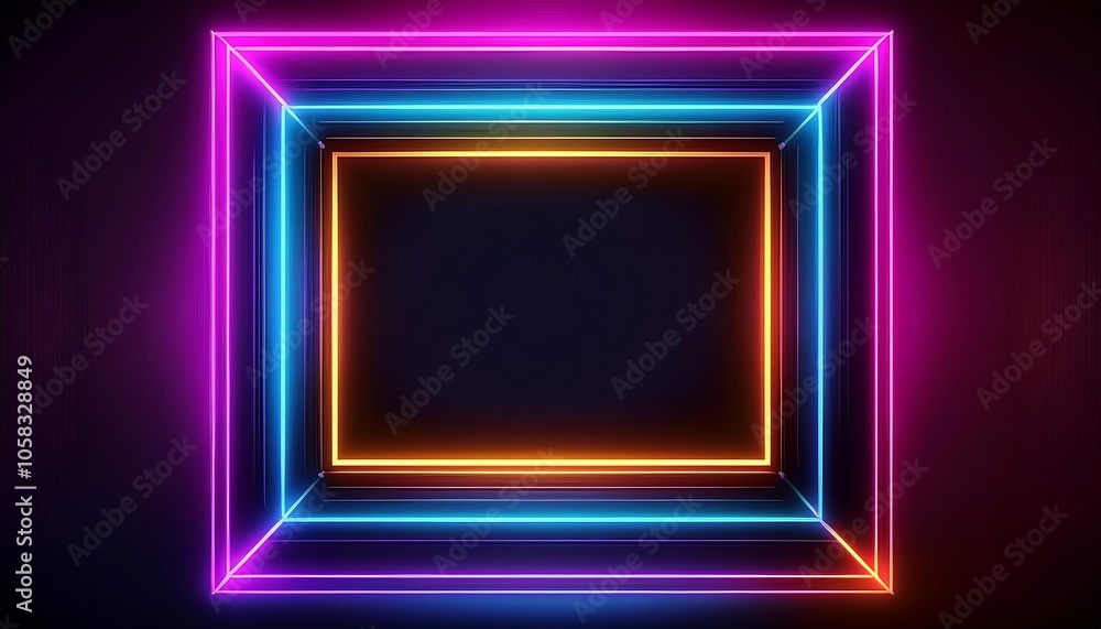 Dynamic square frame with bold neon colors set against a dark background for vibrant artistic display. Generative AI Dynamic square frame with bold neon colors set against a dark background for vibrant artistic display. Generative AI