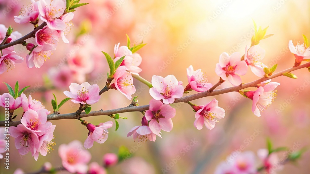 Obraz premium Delicate peach blossoms in full bloom on a serene tree branch, nature scene, soft focus, warm sunlight, spring flowers