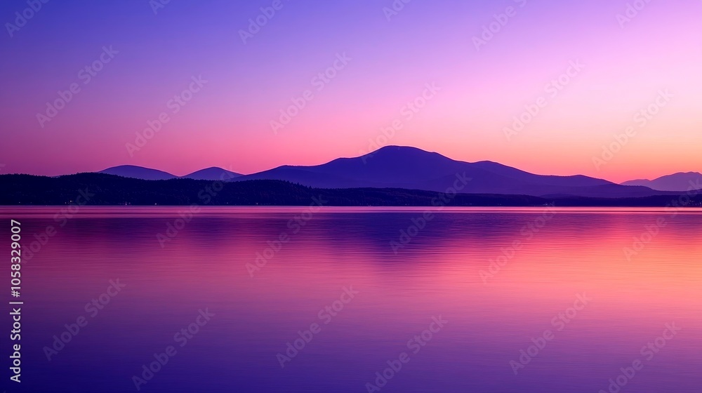 Serene twilight over a calm lake with distant mountains, creating a peaceful landscape. Serene twilight over a calm lake with distant mountains, creating a peaceful landscape.
