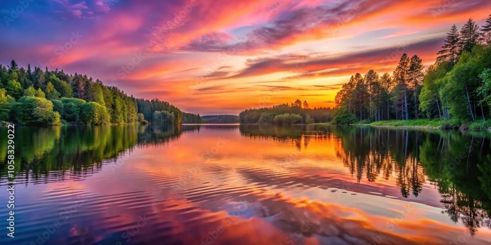 A stunning lake at sunset, with hues of pink and orange reflecting off the water's surface, surrounded by tall trees and a carpet of greenery, with a few ripples on the water., greenery, nature A stunning lake at sunset, with hues of pink and orange reflecting off the water's surface, surrounded by tall trees and a carpet of greenery, with a few ripples on the water., greenery, nature