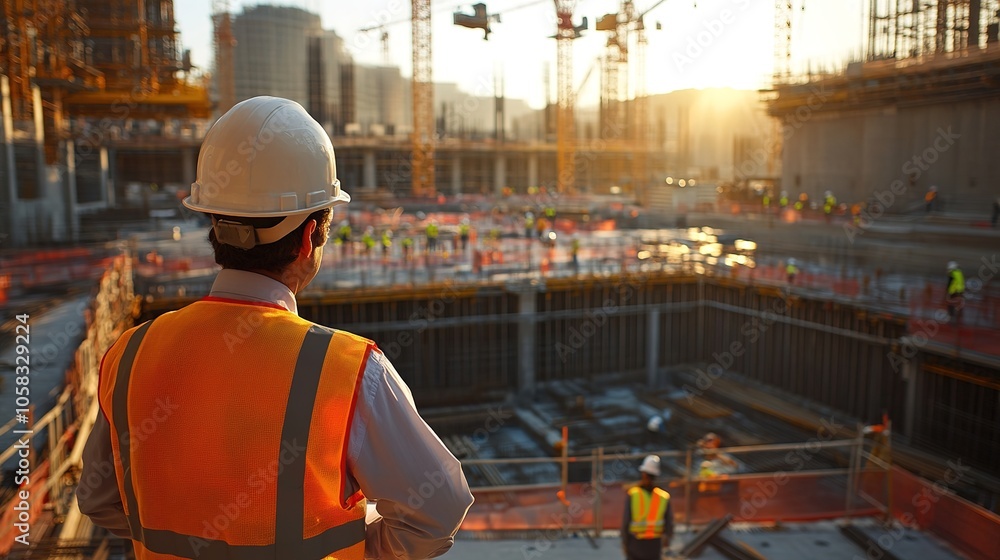 Structural engineer inspecting the foundation of a skyscraper, surrounded by cranes and construction workers on-site. Structural engineer inspecting the foundation of a skyscraper, surrounded by cranes and construction workers on-site.