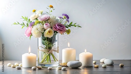 A stunning arrangement of fresh flowers in a modern glass vase, placed on a minimalist white background, with a few strategically placed candles and decorative stones, garlands, flowers, decorative photo