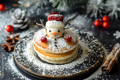 Winter desert, sweet christmas snowman pancakes with sugar frosting. High quality photo