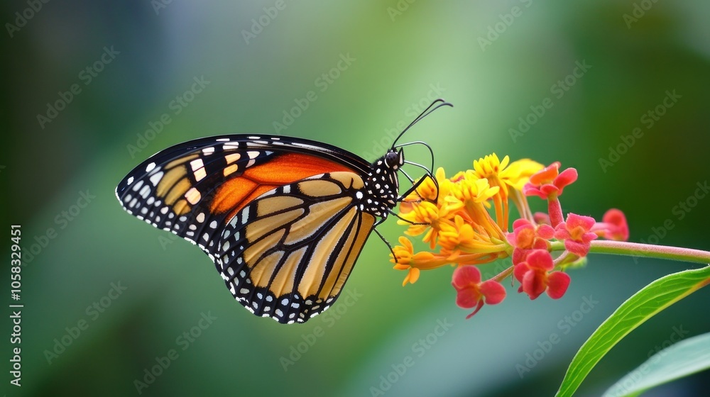 A vibrant monarch butterfly perched on colorful flowers, showcasing nature's beauty. A vibrant monarch butterfly perched on colorful flowers, showcasing nature's beauty.