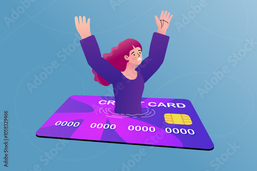 Debt and financial struggle concept. A distressed woman raising her hands while sinking into a giant credit card. This illustration symbolizes the feeling of being overwhelmed .