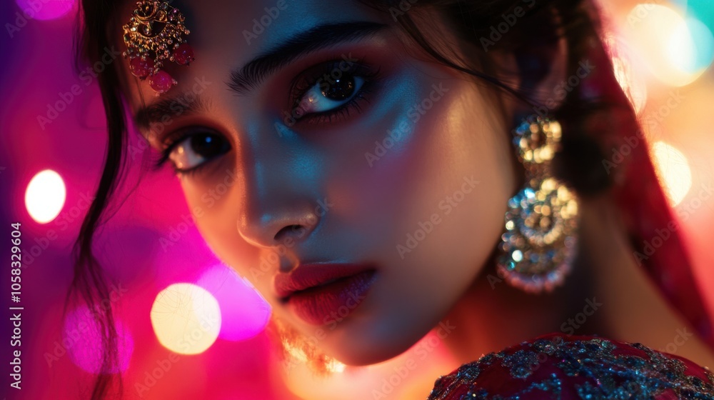 A striking Indian actress in a dramatic pose, with vibrant colors A striking Indian actress in a dramatic pose, with vibrant colors