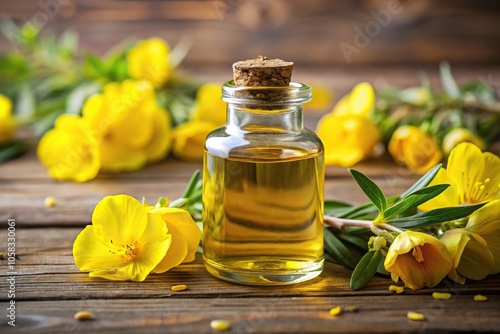 Close-up of evening primrose oil pouring out of bottle, with focus on Depth of Field