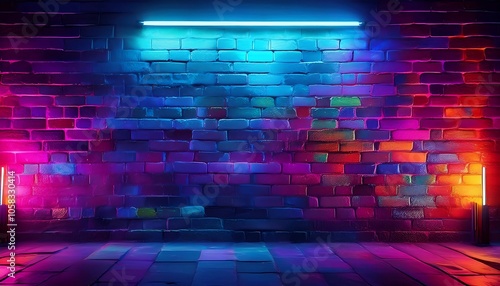 Vibrant neon lights illuminate a textured brick wall in a futuristic setting during the night. Generative AI