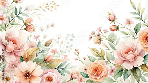 Delicate watercolor blooms in a soft pink and peach hue against a subtle white background, spring, delicate petals, pastel colors, gentle beauty