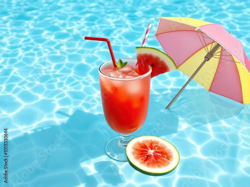 A refreshing watermelon cocktail floating in a clear pool on a sunny day, with slices of fresh fruit and a colorful umbrella beside it, fruit, refreshing, watermelon