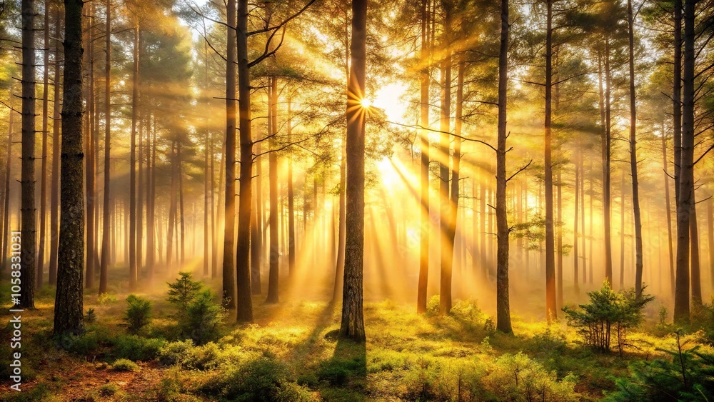 Obraz premium A misty morning forest with golden light filtering through the trees, outdoor atmosphere, tree branches