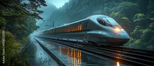 Wallpaper Mural A sleek train glides through a misty forest landscape, reflecting on the wet tracks. Torontodigital.ca