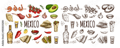 Hand-drawn colored and monochrome  set of realistic mexican dishes and products. Vintage sketch drawings of Latin American cuisine. Vector ink illustration. Mexican culture. Latin America.