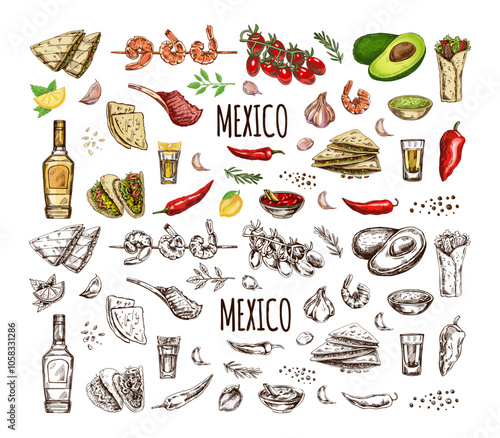 Hand-drawn colored and monochrome  set of realistic mexican dishes and products. Vintage sketch drawings of Latin American cuisine. Vector ink illustration. Mexican culture. Latin America.